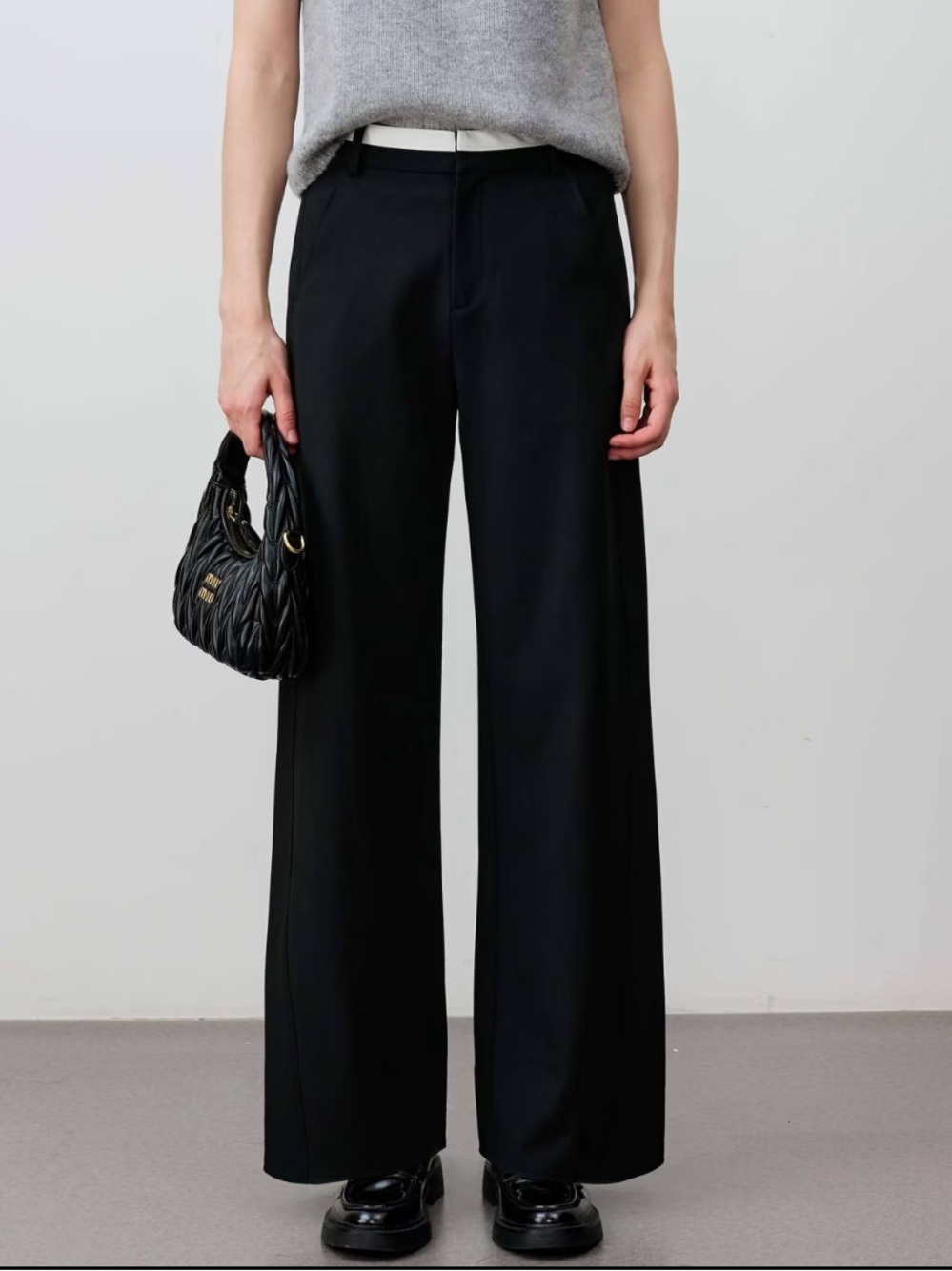 OuXiaoCang Contrast Waistband Tailored Wide Leg Trouser Suit Pants Black 27